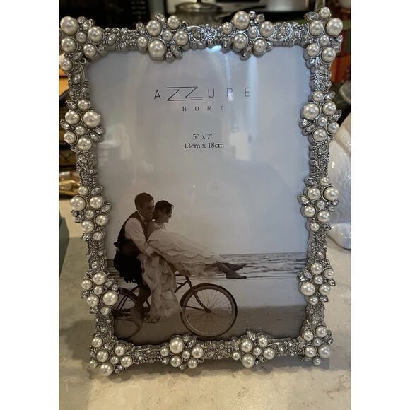 Azzure Home Pearls Rhinestones Ornate Photo Frame Wedding Picture Holds 5x7” - Picture 3 of 9